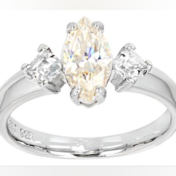 Elegant Strontium Titanate & Aquamarine Ring Sterling Silver Rhodium Finish Sz 8 - Picture 1 of 7